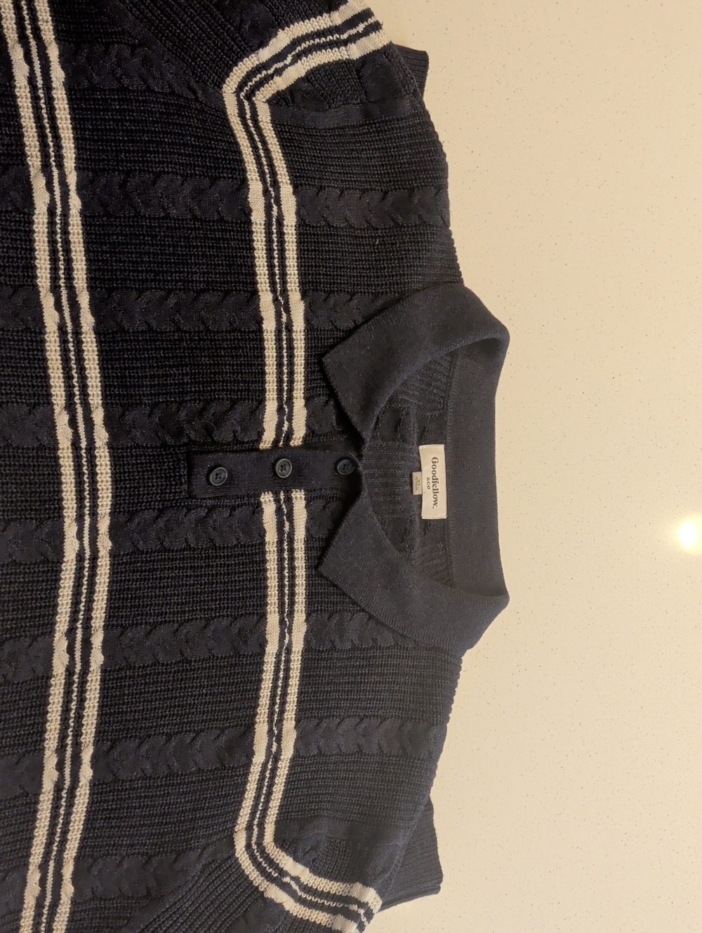 Goodfellow Navy Polo-Style Cable Knit Shirt Jacket with Cream Stripes